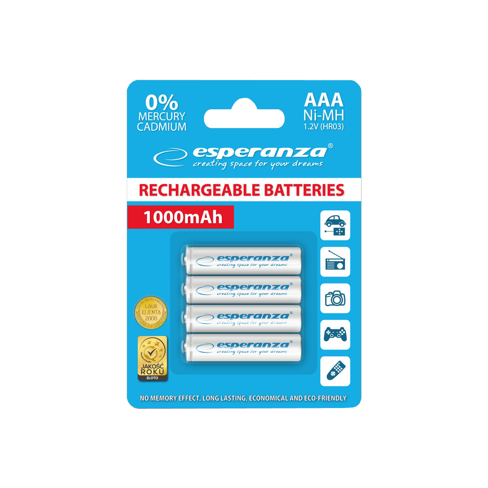 459.92251 ESPERANZA ΜΠΑΤΑΡΙΑ ΕΠΑΝΑΦΟΡΤΙΖΟΜΕΝΗ AAA 1000mAh Ni-MH ΛΕΥΚΗ 4 ΤΕΜΑΧΙΑ - Image 1
