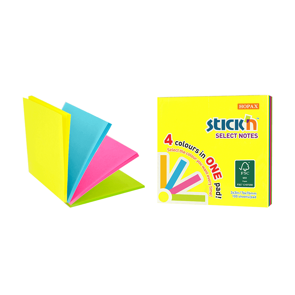 550.21571 STICK'N ΧΑΡΤΙΑ ΣΗΜΕΙΩΣΕΩΝ ΑΥΤΟΚΟΛΛΗΤΑ 76x76mm 100 ΦΥΛΛΑ NEON 4 ΧΡΩΜΑΤΑ 12Τ. - Image 1